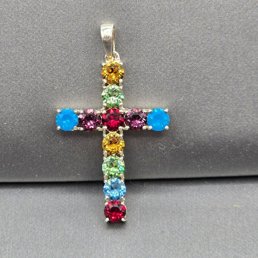 Vintage Sterling Silver Multicolored Rhinestone Crystal Cross Pendant Statement - Picture 1 of 10